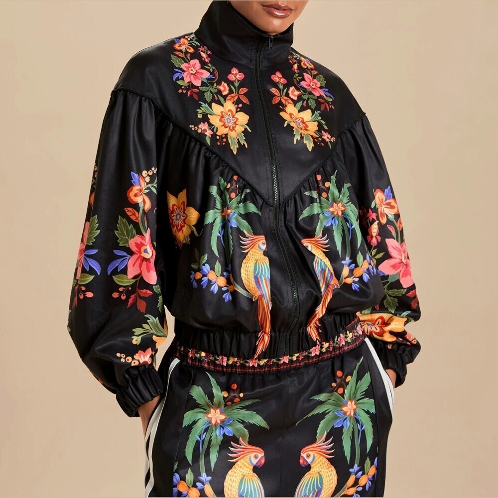 Black Tropical Floral Cockatoo Print Zip Front Lightweight Track Jacket
